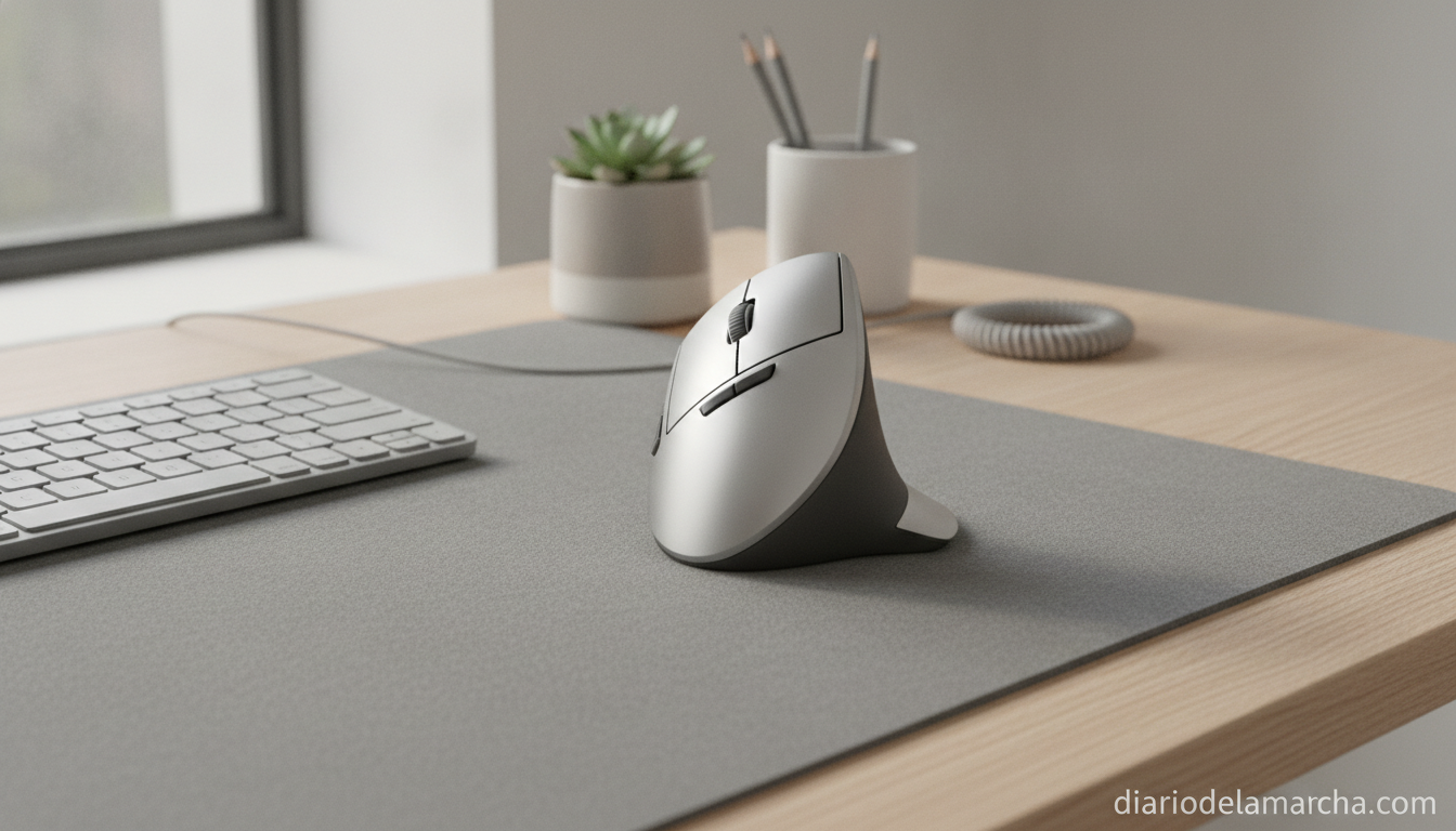 Ratón ergonómico vertical inalámbrico sobre escritorio de oficina
