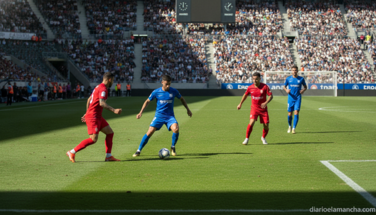 Realistic sports photojournalism scene, outdoor grass football pitch stadium, generic players in unbranded kits mid-match ...