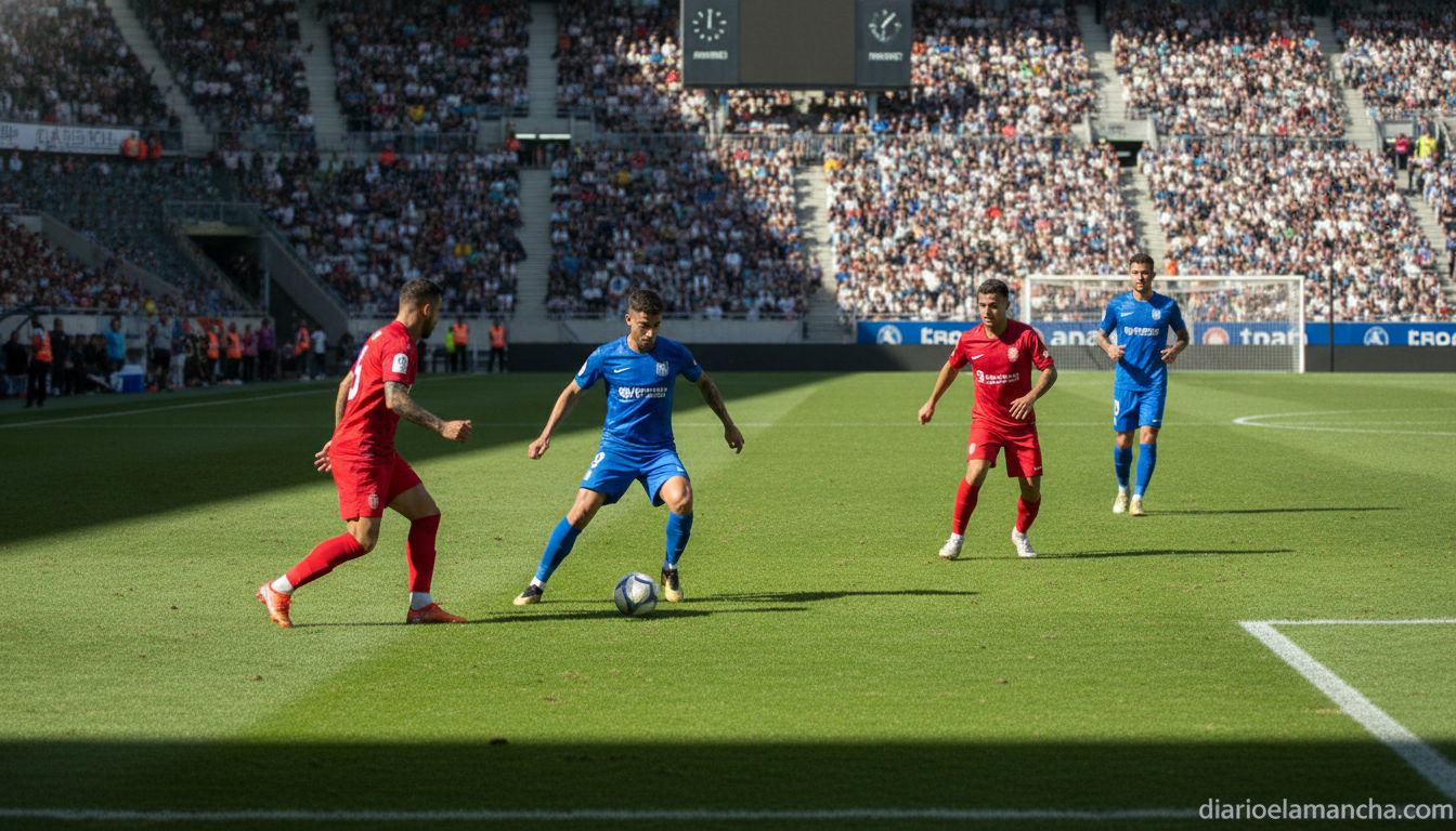Realistic sports photojournalism scene, outdoor grass football pitch stadium, generic players in unbranded kits mid-match ...