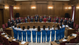 Realistic photojournalistic wide shot of an official institutional reception in a Spanish provincial government plenary ha...
