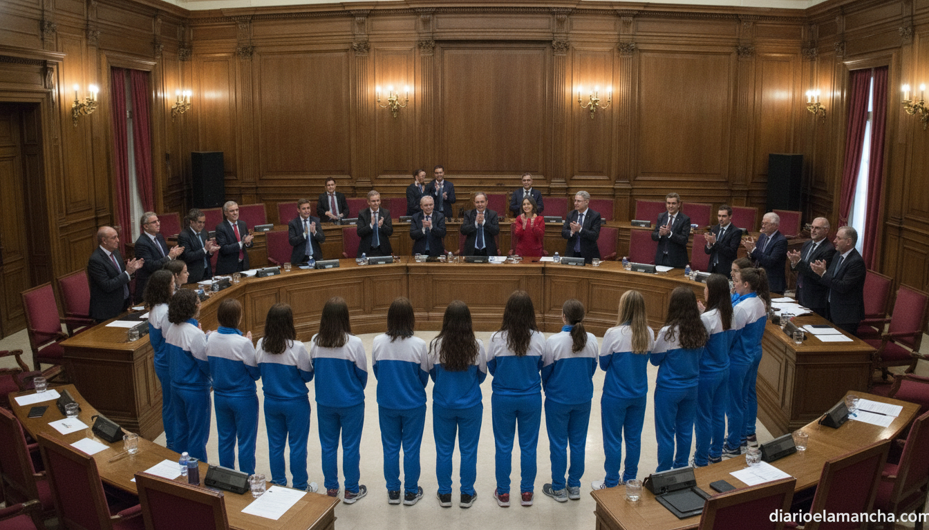 Realistic photojournalistic wide shot of an official institutional reception in a Spanish provincial government plenary ha...