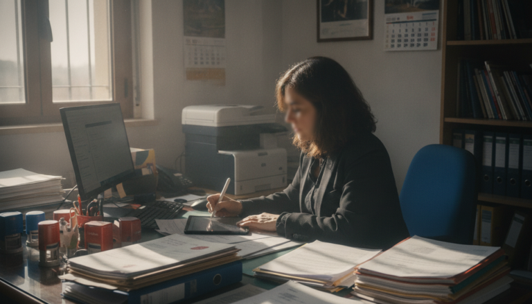 Profesora firmando documentos en un ordenador en una oficina administrativa de un centro educativo español, papeles con se...