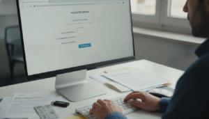 Portal web en pantalla de ordenador mostrando formulario de solicitud online, escritó con documentos, DNI y certificado di...