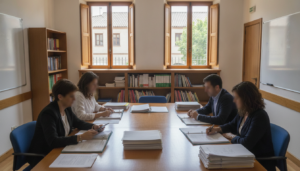 Profesores revisando documentos administrativos en sala de reuniones de un colegio en España, plano general con ventanas y...