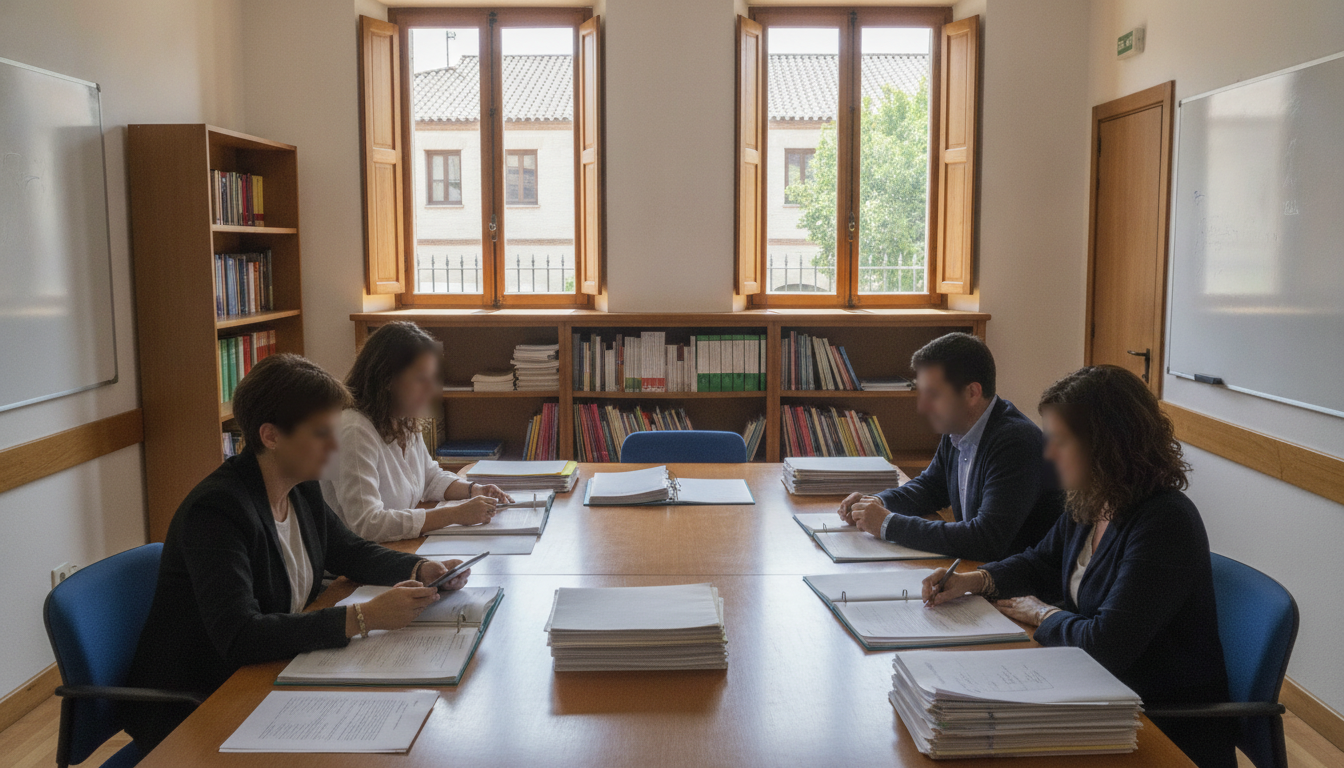Profesores revisando documentos administrativos en sala de reuniones de un colegio en España, plano general con ventanas y...