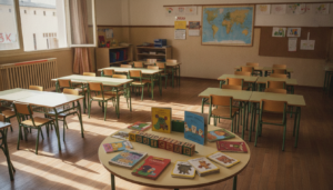 Fotografia periodistica realista de un aula de educacion infantil vacia en verano en Espana, pupitres pequenos ordenados, ...