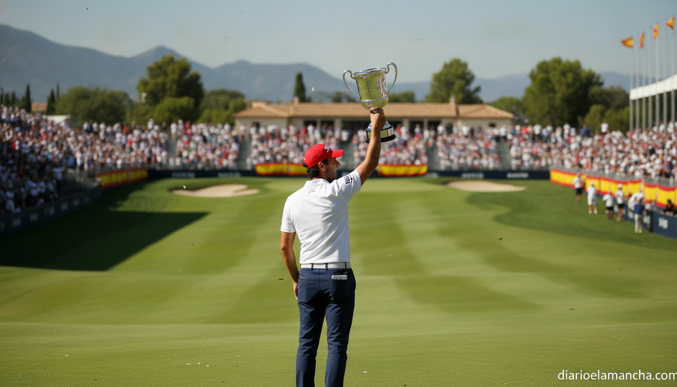 Spanish golfer celebrating victory on a championship golf course, holding up the trophy, green fairway and grandstands in ...
