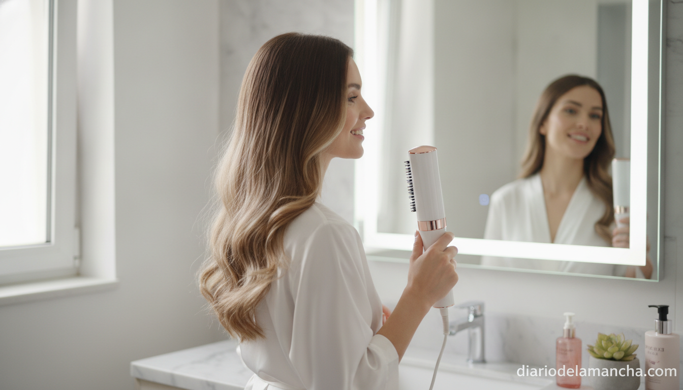 Mujer usando el moldeador Revlon One Step 5 en 1 en casa