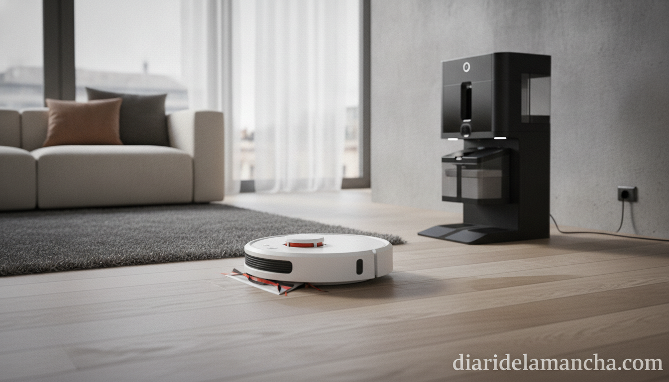 Robot aspirador y fregasuelos en salón moderno