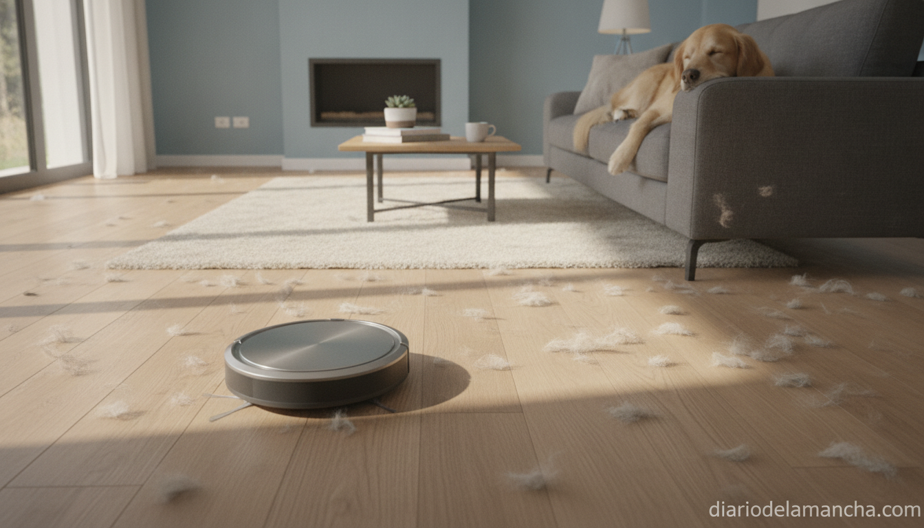 Los 7 mejores robots aspiradores para mascotas en 2026: Limpieza y comodidad sin pelo en casa 1 Robot aspirador para mascotas limpiando el suelo junto a un perro