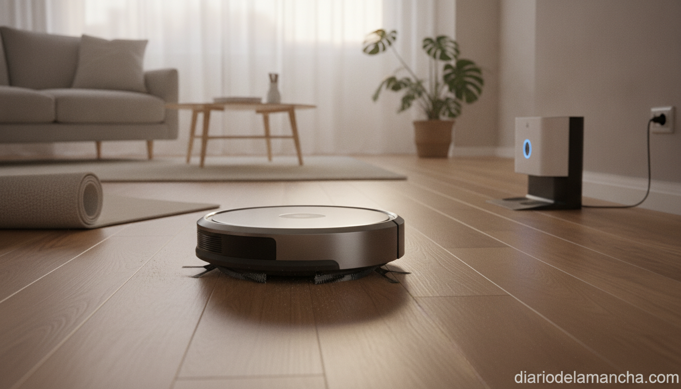 Robot aspirador limpiando el salón del hogar