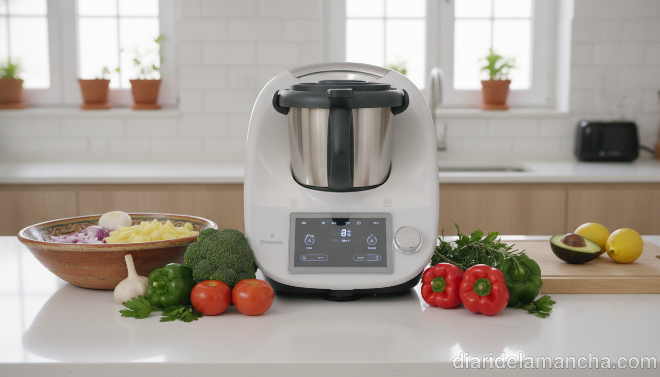 Robot de cocina en encimera moderna con ingredientes frescos
