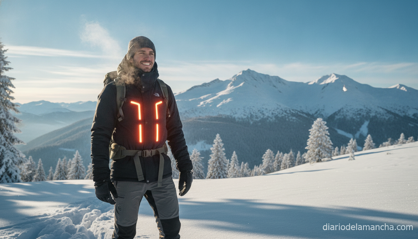 Persona con chaqueta calefactable Mincoo en exterior de montaña en invierno