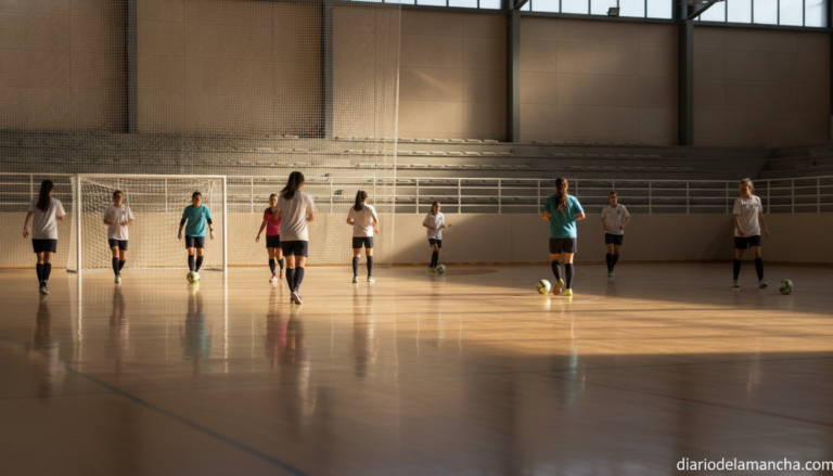 Indoor futsal court scene, a women's futsal team warming up on a polished indoor court with goal and stands in the backgro...