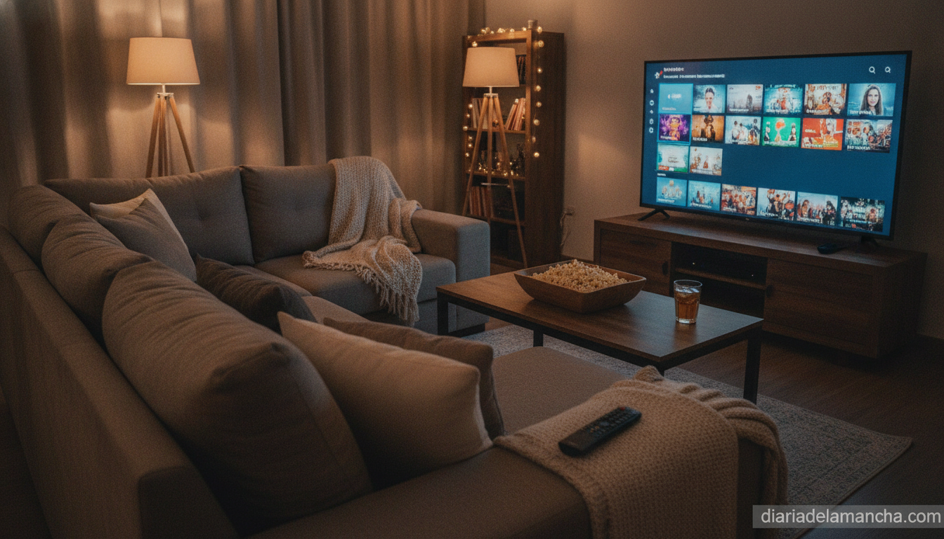 Plataformas de streaming dominantes en 2026 1 Salón con televisor mostrando plataformas de streaming