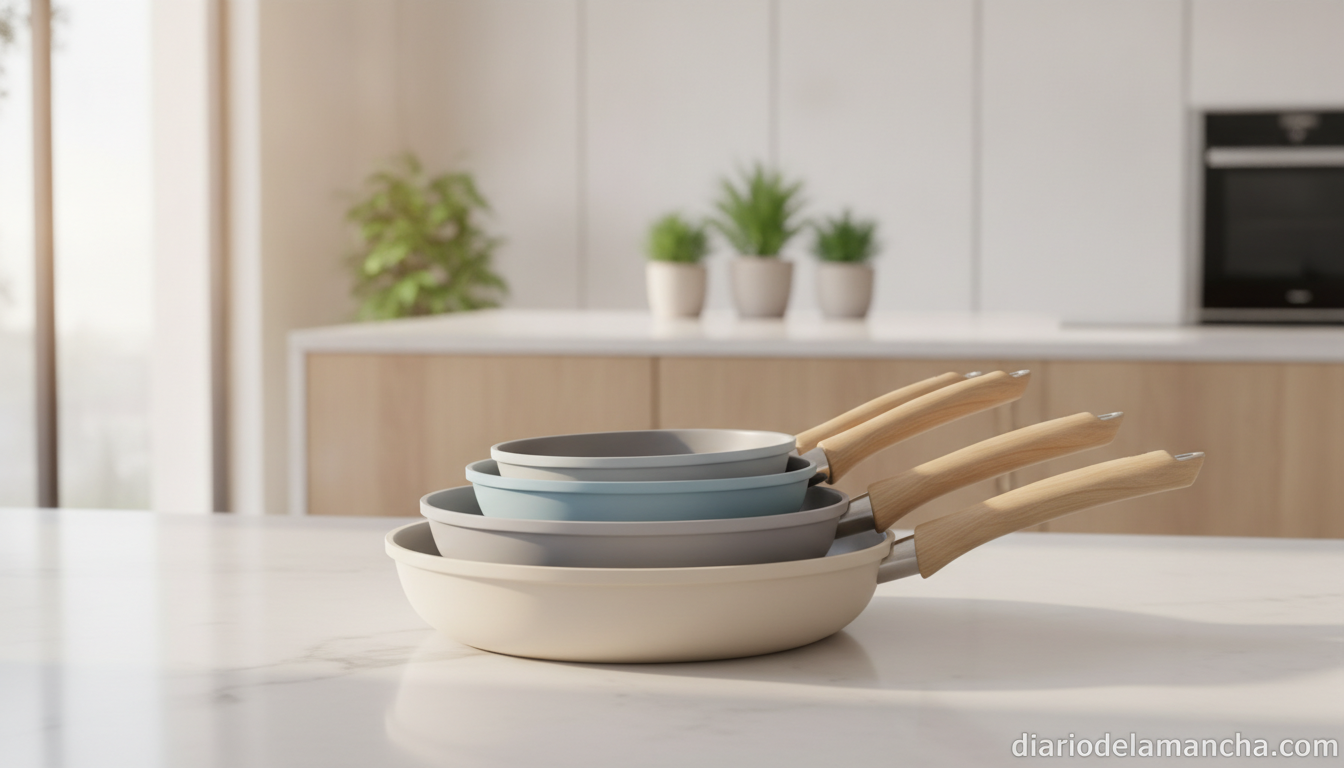Juego de sartenes de cerámica en una cocina moderna
