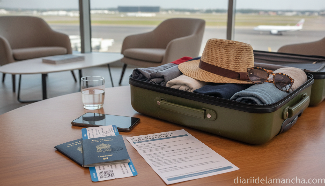 Top 10 seguros de viaje para descubrir en 2026 1 Documentos de seguro de viaje junto a maleta de viaje