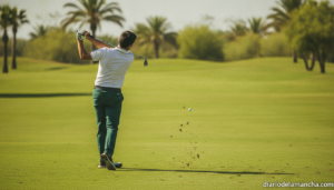 Photojournalism style photo of a golf player mid-swing on a lush green golf course fairway in Spain, sunny day, trees in b...