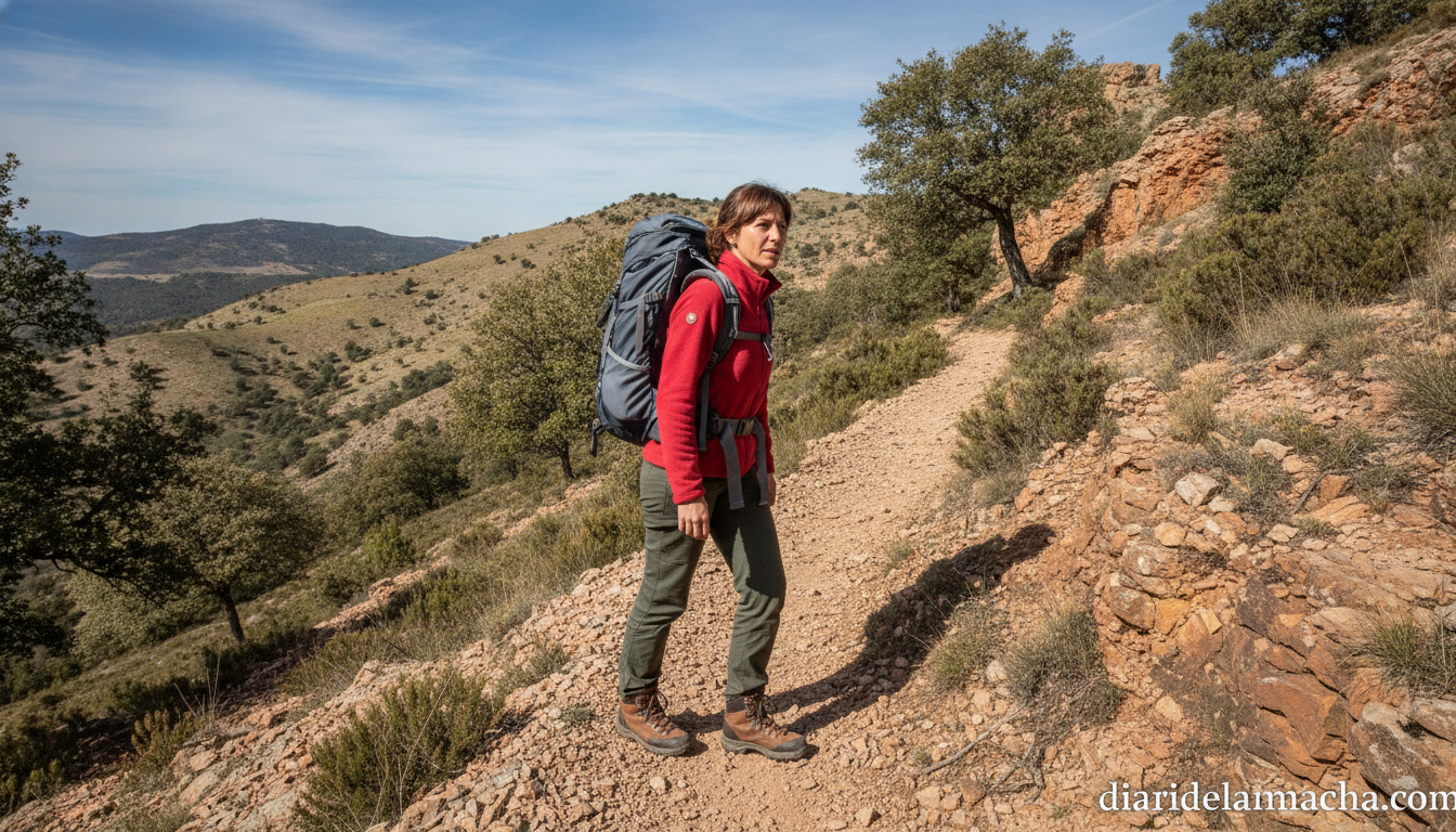 Explora la naturaleza con seguridad en 2026: Accesorios indispensables para el senderista aventurero 1 Senderista con mochila ergonómica y botas técnicas en ruta de montaña