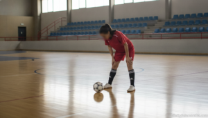 Realistic sports photojournalism scene, indoor futsal court, a female futsal player in generic red sports kit warming up w...