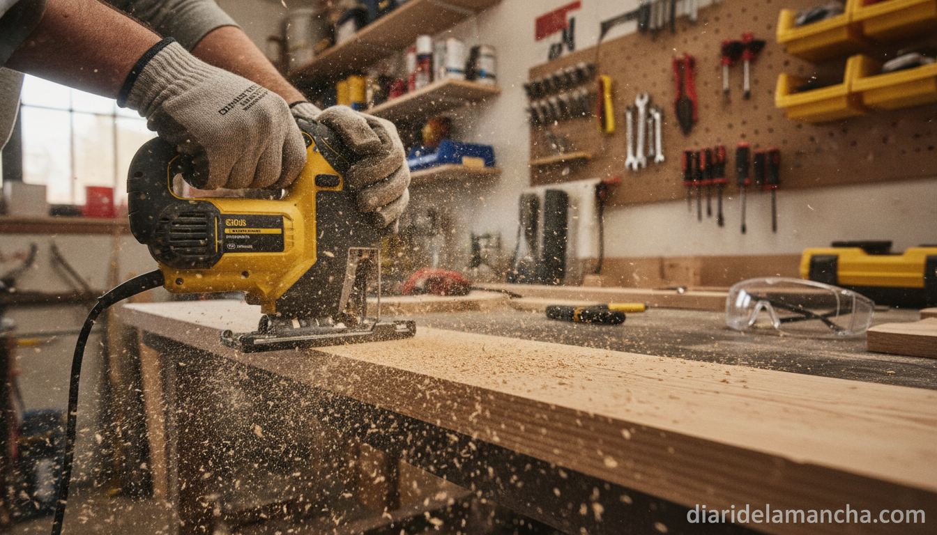 No tienes sierra de calar, aquí te mostramos alternativas para tus proyectos de bricolaje en casa 2 Persona usando sierra de calar para cortar madera en el taller