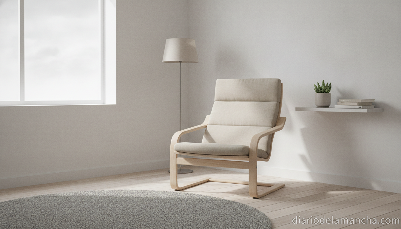 Sillón estilo Poang de IKEA en un salón minimalista