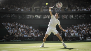 Realistic photojournalism-style photo of a tennis player serving on a grass court at a prestigious tournament, generic whi...