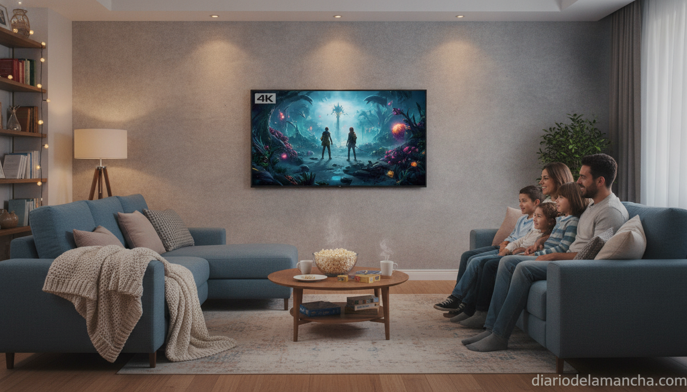 Salon con smart TV LG 65UA75006 para maratones de series y peliculas