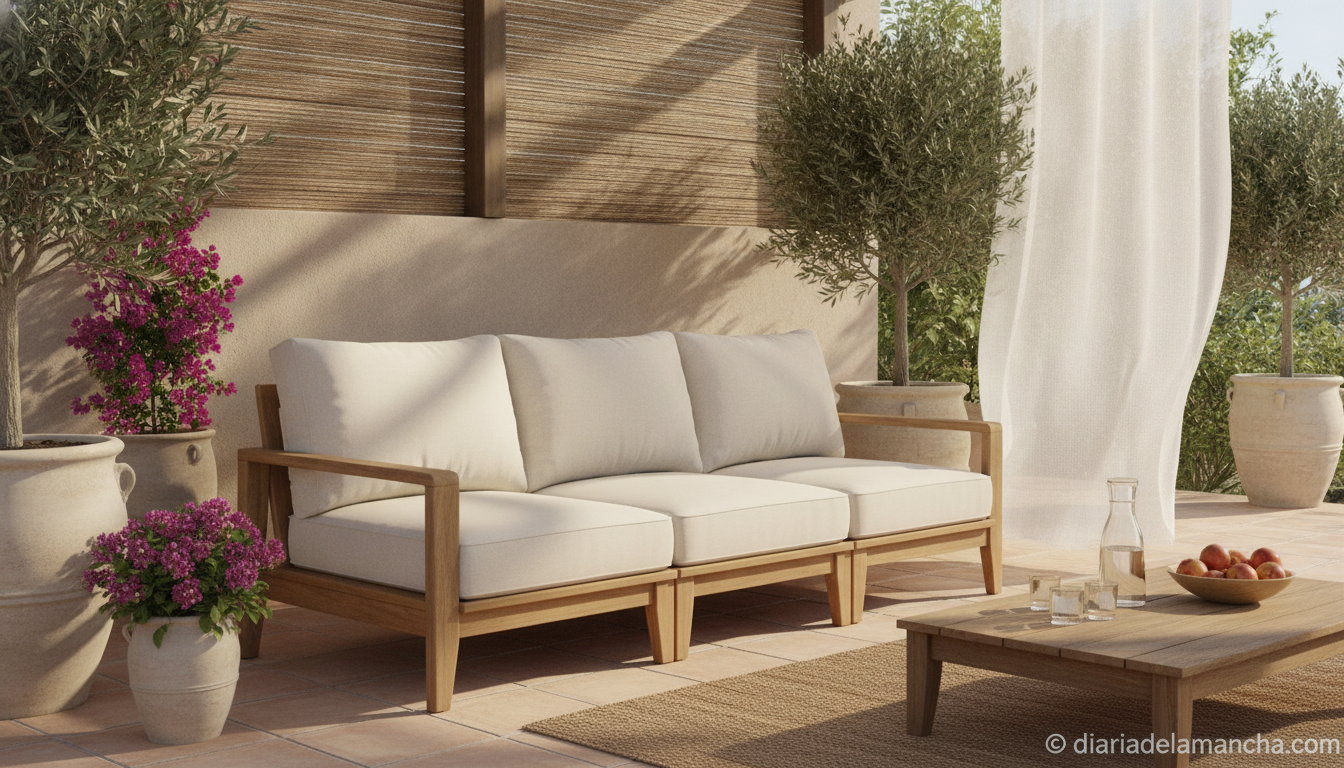 Transforma tu hogar con el sofá de 3 plazas Ambra y su estilo mediterráneo inolvidable 1 Sofá de 3 plazas Ambra de Kave Home en una terraza cubierta con estilo mediterráneo