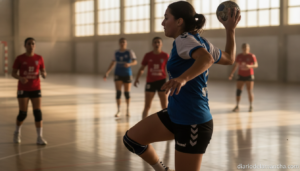 Female handball player in action during a match, passing the ball, indoor sports hall, realistic photography style, natura...