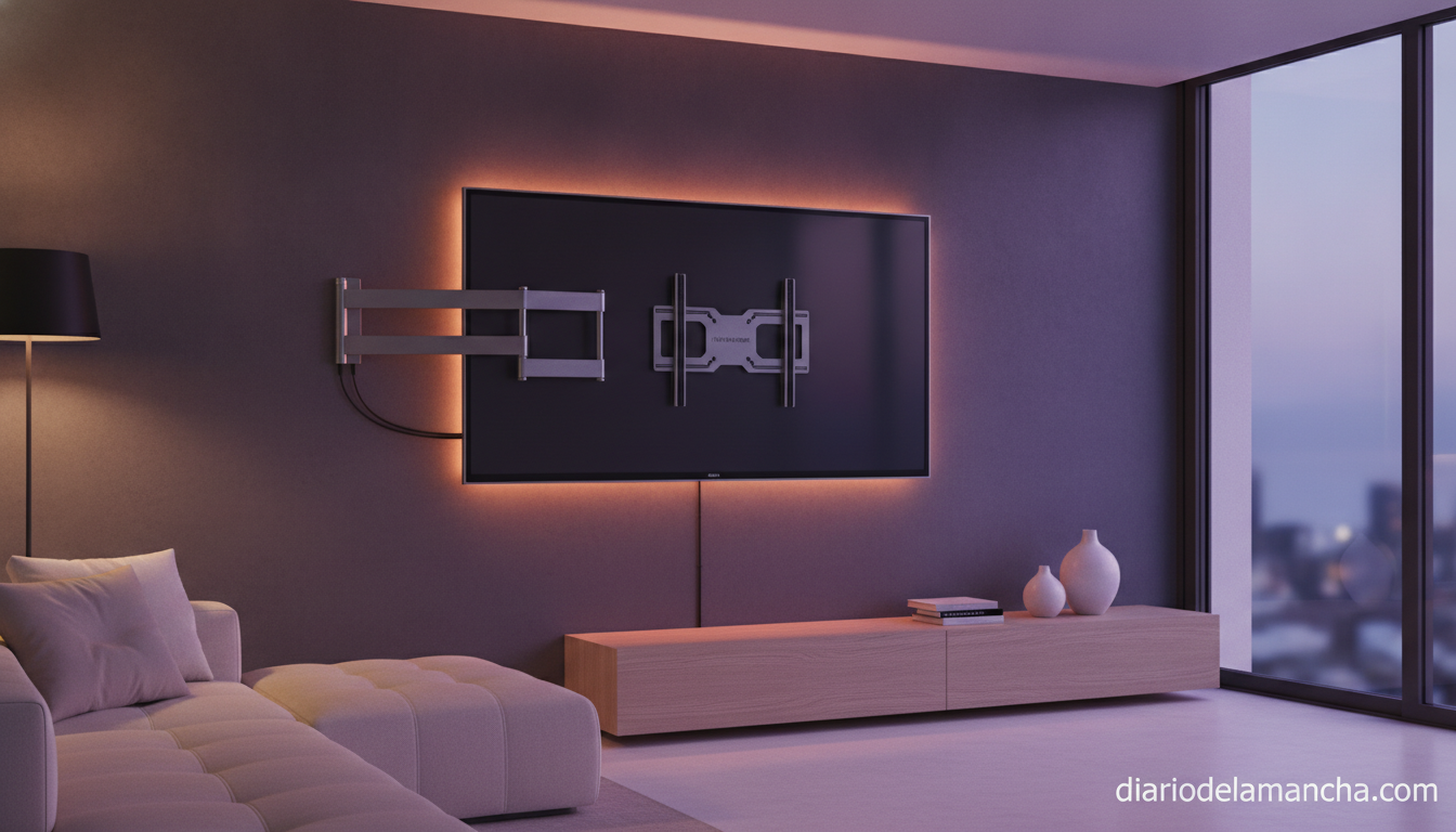 Televisor de pantalla plana montado en soporte de pared inclinable en un salón