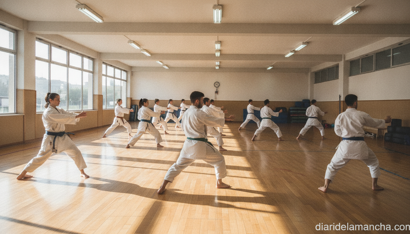 Realistic photojournalism style image of a karate training session in a sports hall in Castilla-La Mancha, Spain. Several ...