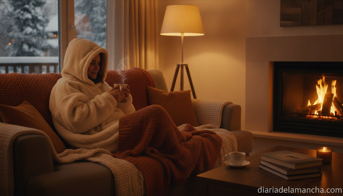 Sudadera-manta con capucha en un salon durante el invierno