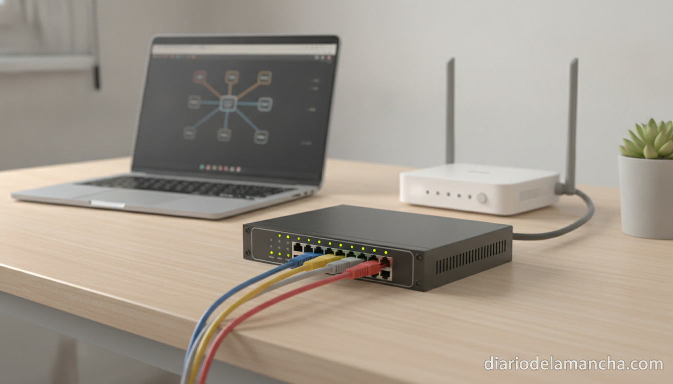 El dispositivo que lidera las ventas para conexión y compartición de internet en el hogar 1 Switch de red TP-Link conectado con cables ethernet en oficina doméstica