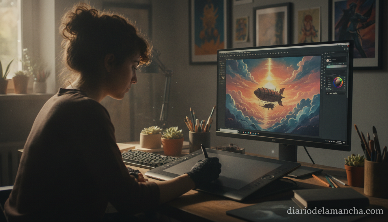 Artista digital dibujando con lapiz en una tablet grafica