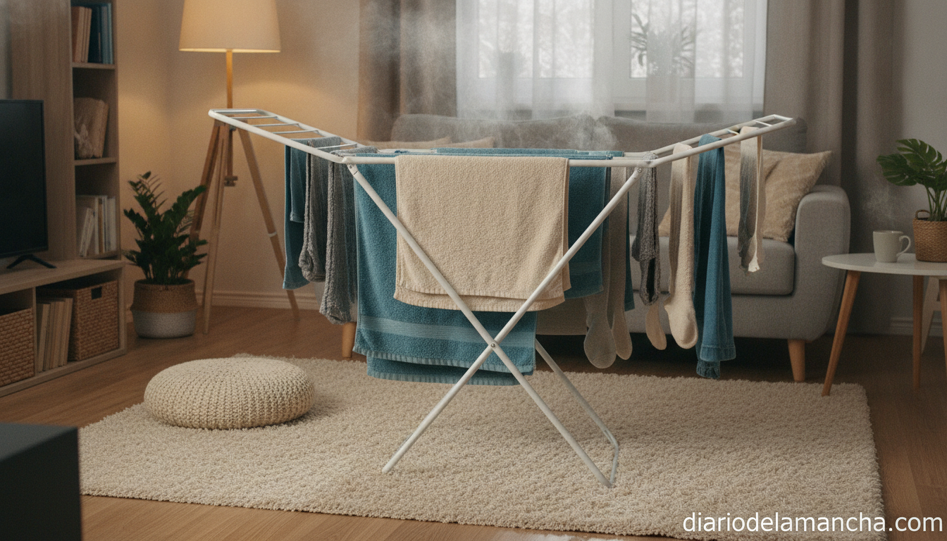 Tendedero eléctrico calefactable secando ropa en un salón