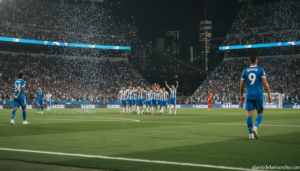 Football match action scene at a stadium in New York at night, generic white and blue kits, players celebrating a goal at ...