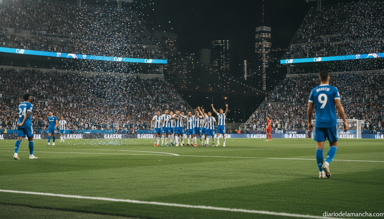 Diario de Castilla-La Mancha 1 Football match action scene at a stadium in New York at night, generic white and blue kits, players celebrating a goal at ...