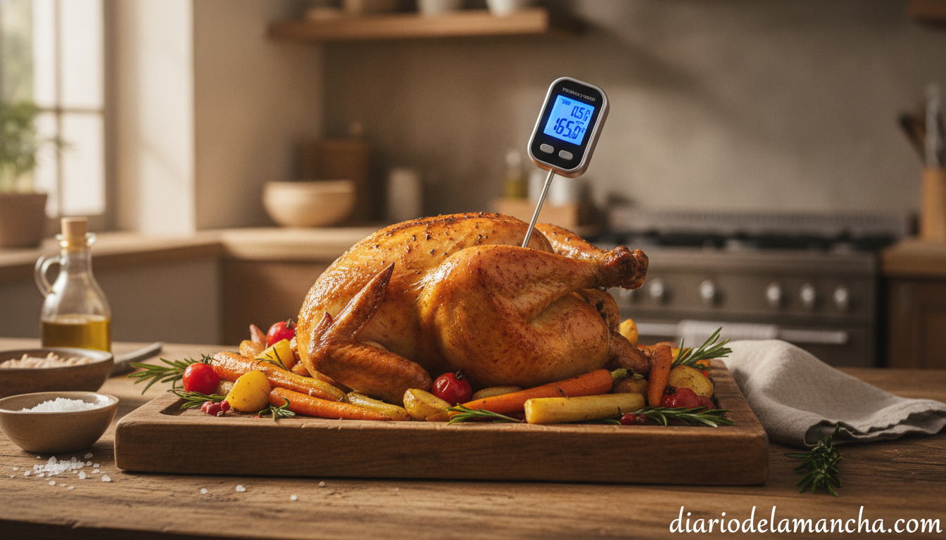 Termometro digital de cocina midiendo la temperatura de un alimento