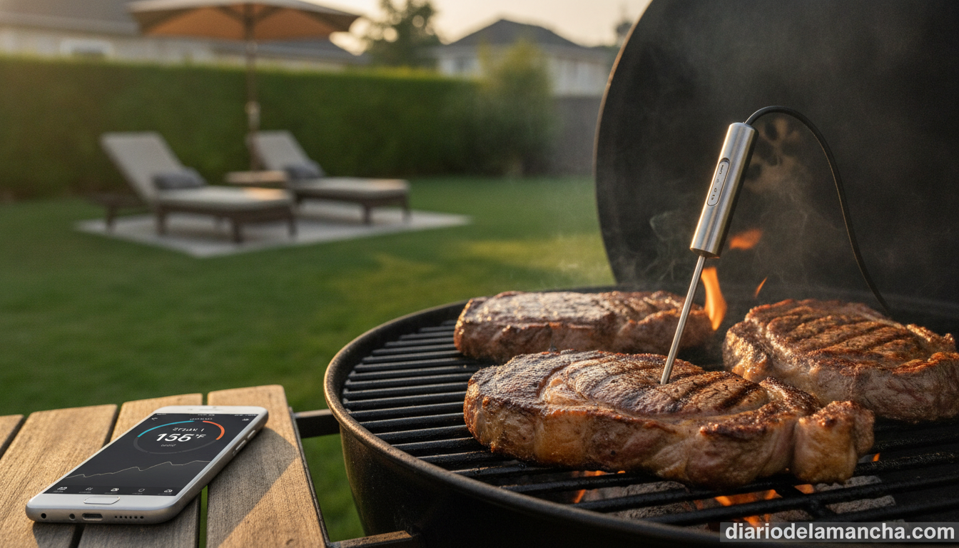 Los 7 mejores termómetros digitales de cocina para el 2026 2 Termómetro inalámbrico en una barbacoa con carne a la parrilla