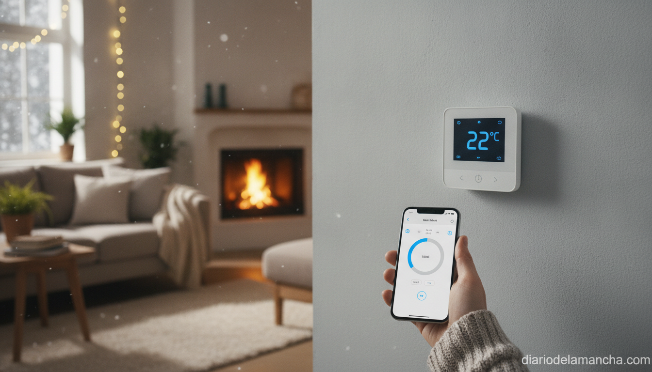 Termostato inteligente en el salón de una vivienda controlado desde el móvil