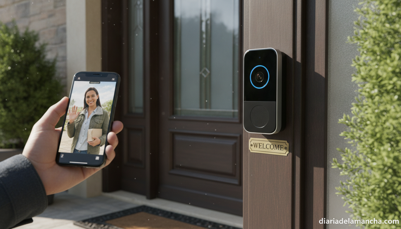 Top 10 timbres inteligentes con cámara para el 2025 1 Timbre inteligente con camara instalado junto a la puerta de entrada