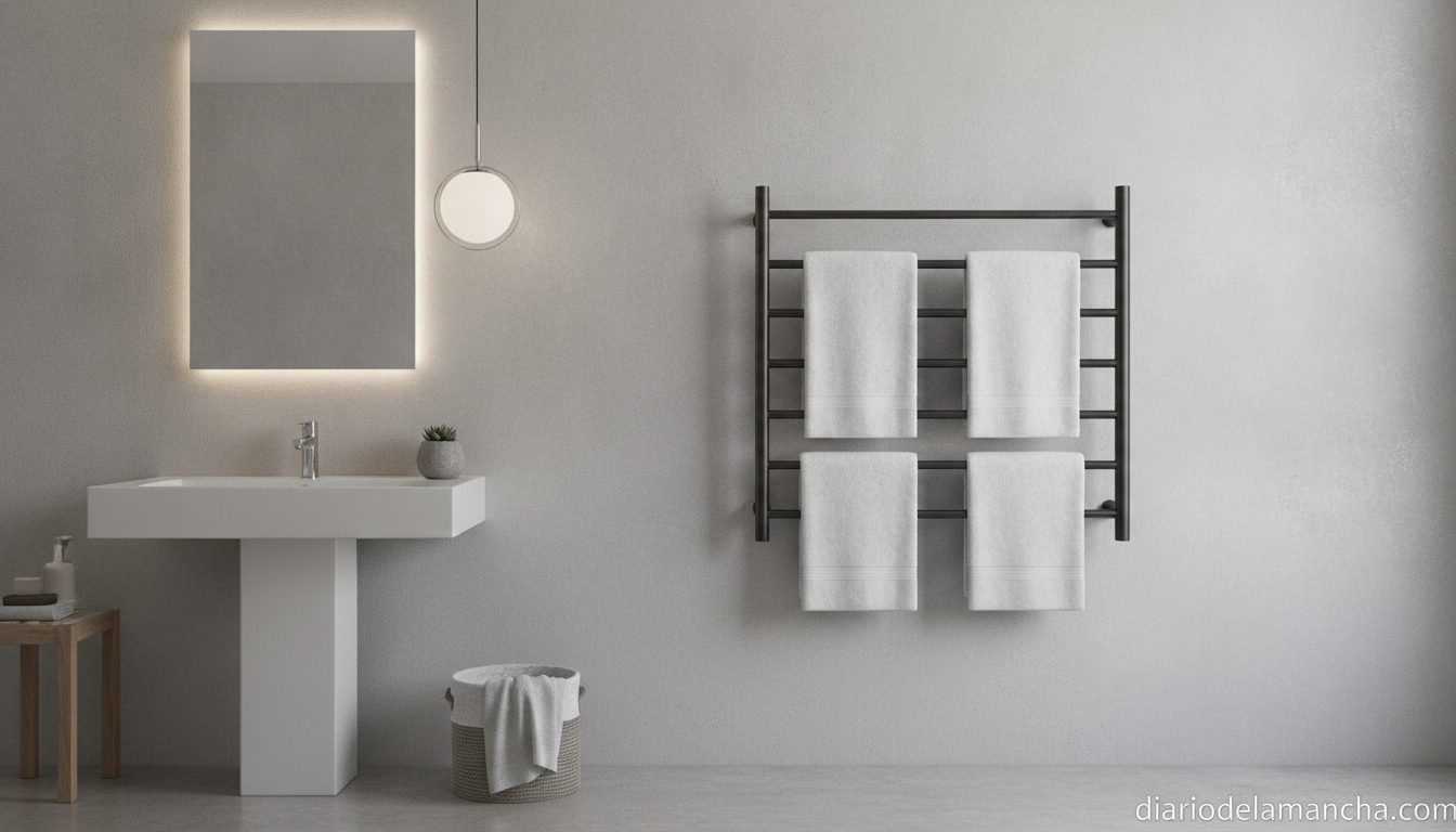 Toallero eléctrico instalado en la pared de un baño moderno