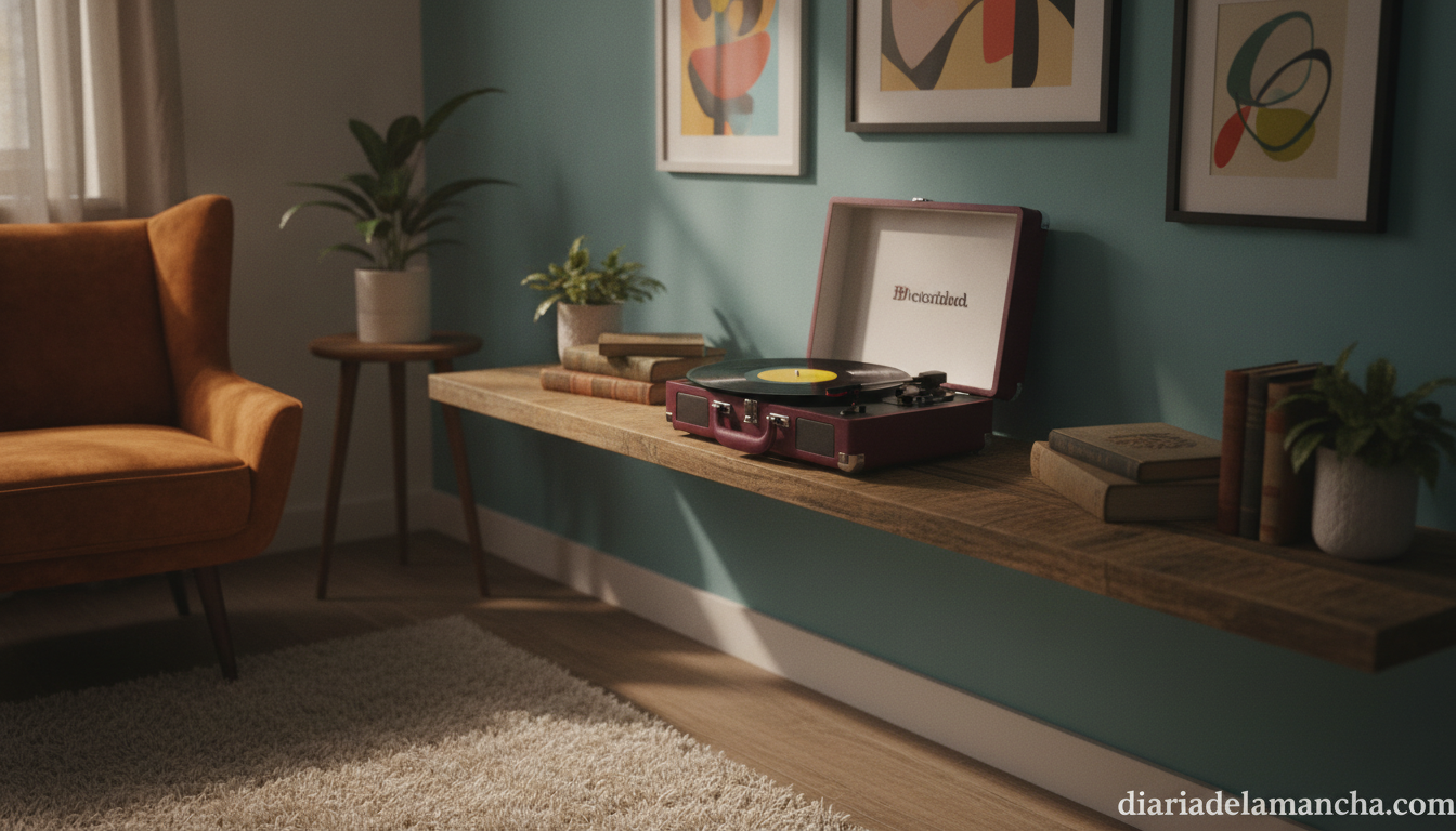 Tocadiscos portátil de maleta vintage reproduciendo un vinilo