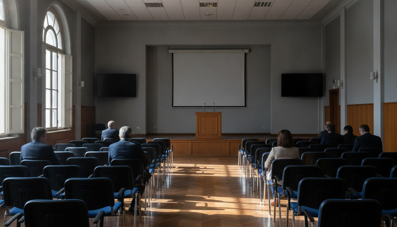 Fotografía periodística realista de un salón de actos institucional vacío o con pocas personas de espaldas, estilo delegac...