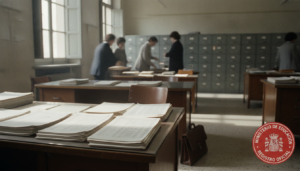 Fotografia periodistica realista de una oficina administrativa de educacion en Espana, escritorio con listados y sello ofi...