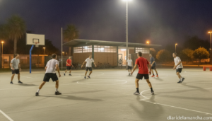 Photojournalistic wide shot of an outdoor 3x3 basketball court at night under stadium floodlights, adult recreational play...