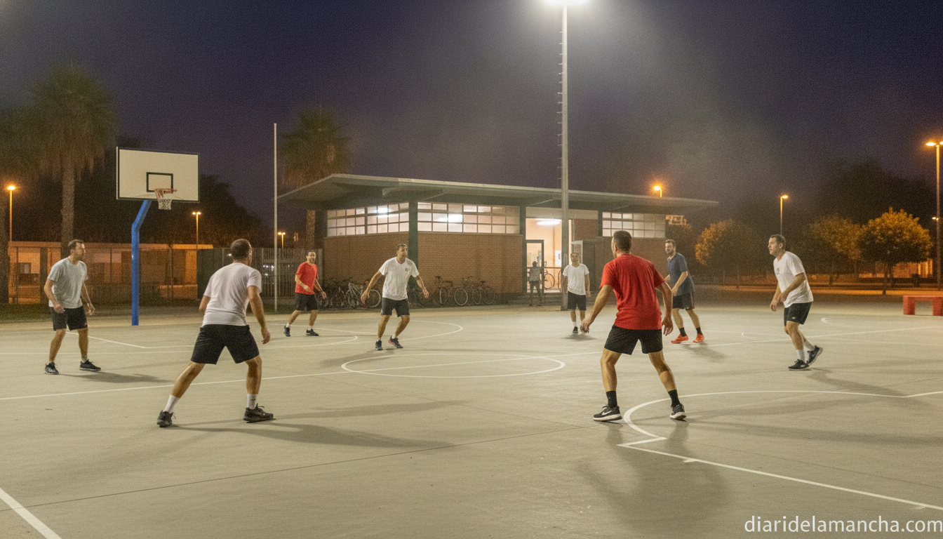 Photojournalistic wide shot of an outdoor 3x3 basketball court at night under stadium floodlights, adult recreational play...