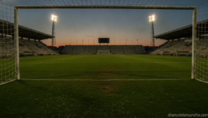 Photojournalism-style image of an empty grass football pitch at a regional stadium, goal net in the foreground, floodlight...
