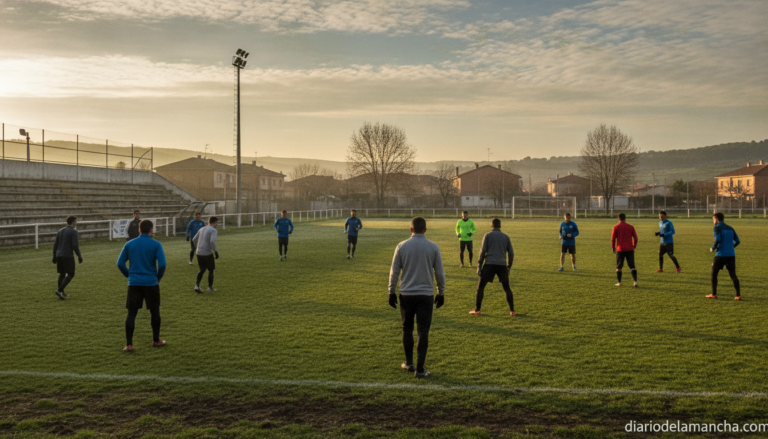Photojournalistic wide shot of amateur football players training on a grass pitch at a small town stadium during preseason...